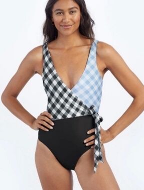 SUMMERSALT Blue & Black Gingham Wrap Swimsuit 10